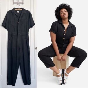 MATE The Label • Linen Short-Sleeve Jumpsuit black organic utility coveralls